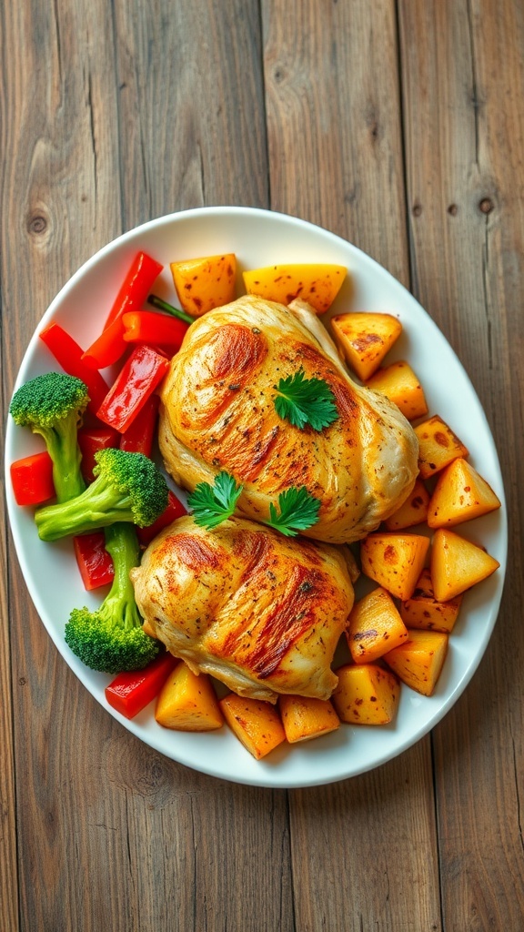 Air Fryer Chicken with Vegetables and Potatoes Air fryer chicken with vegetables and potatoes, garnished with parsley, on a rustic table.